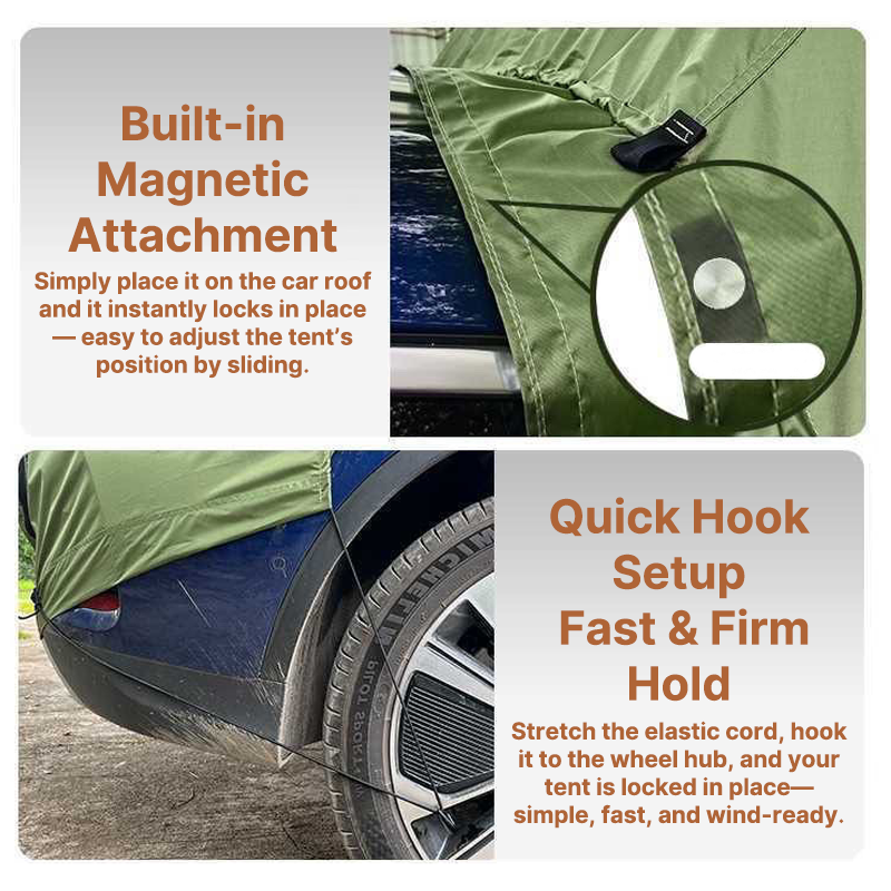 Drive-up SUV tent awning, creates extended waterproof camping area.