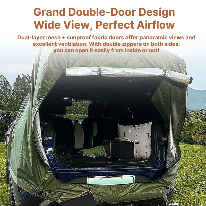 Outdoor travel SUV tailgate shelter, offering shade and protection.