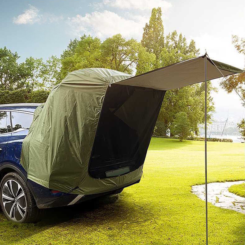 Rugged waterproof SUV tailgate tent, ideal for car camping shelter.