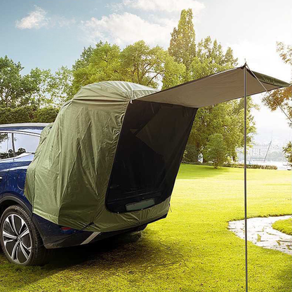 Rugged waterproof SUV tailgate tent, ideal for car camping shelter.