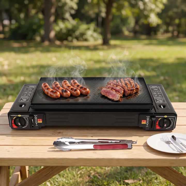 Portable two-burner camping stove for easy outdoor cooking, ideal for camp kitchen & travel.