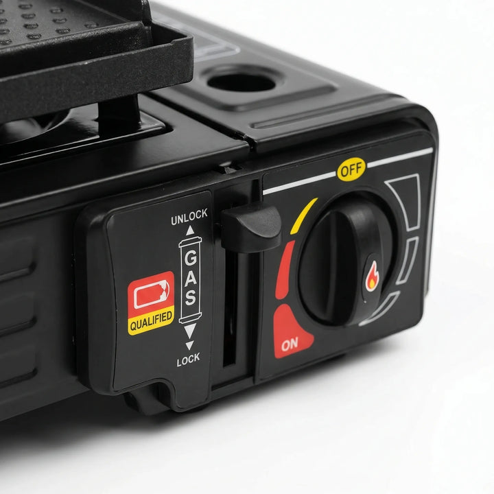 Compact butane/LPG camping stove with two burners, great for campsite meals & outdoor adventures.