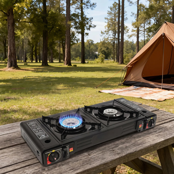 Easy-setup portable two-burner stove for efficient outdoor cooking, essential for camping & hiking.