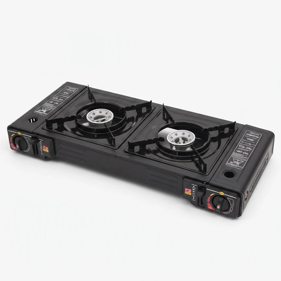 Versatile two-burner portable camping stove, ideal for preparing multiple dishes simultaneously outdoors.