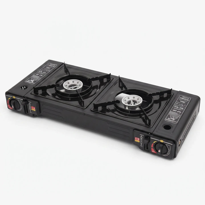 Versatile two-burner portable camping stove, ideal for preparing multiple dishes simultaneously outdoors.