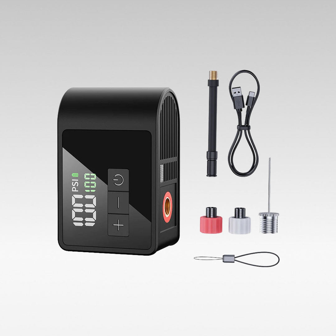Portable USB-C bike pump rapidly inflates tires for cycling, hiking, and outdoor adventures