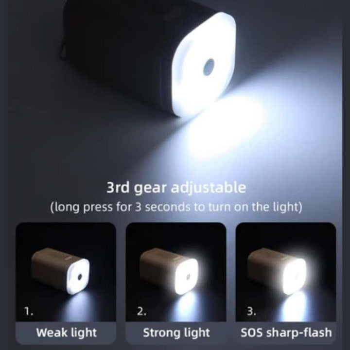 Durable portable air pump with USB charging and integrated light for inflatable beds and outdoor lighting.