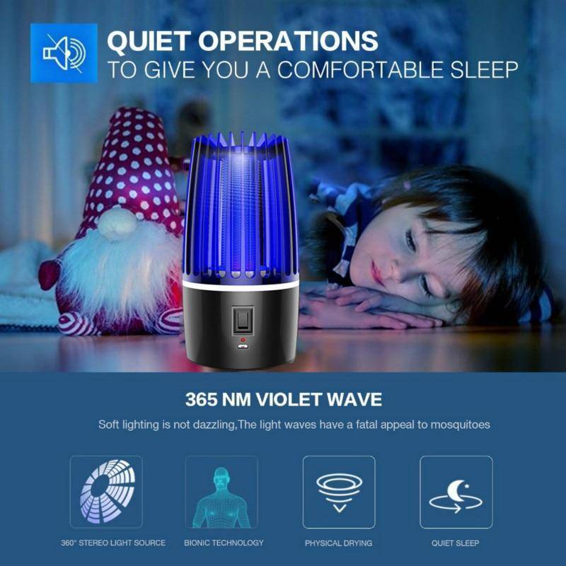 USB rechargeable mosquito killer with LED light, silent operation insect zapper for outdoor adventures.
