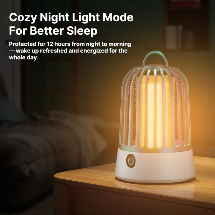 Portable UV insect lamp with a protective cage, ensuring safe operation for indoor and outdoor use.