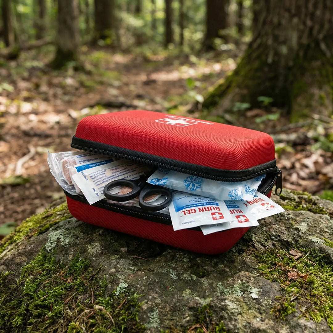 Portable water-resistant first aid kit, essential for outdoor activities, travel, and home emergency preparedness.