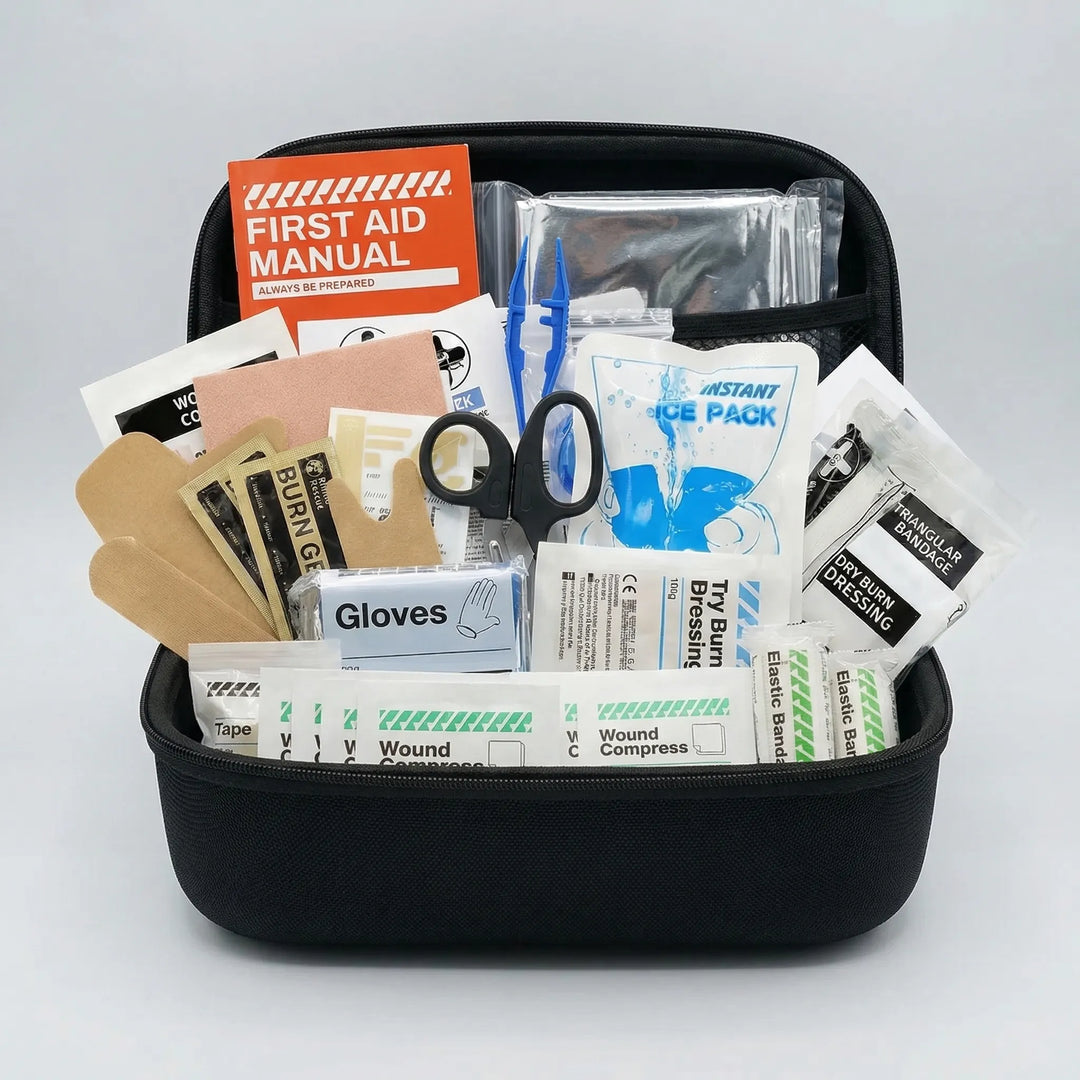 Essential portable first aid kit for home, travel, and outdoor use. Water-resistant for reliable emergency care.