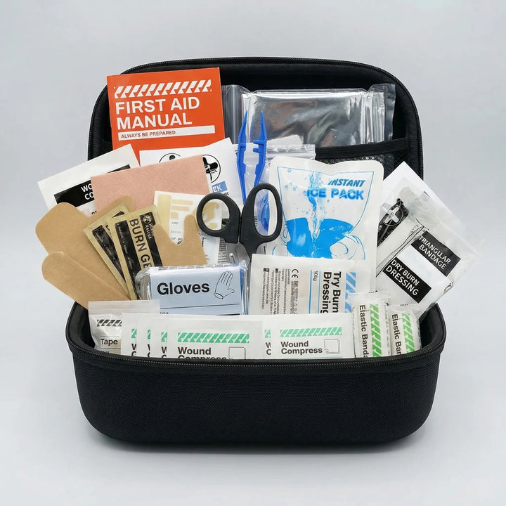 Essential portable first aid kit for home, travel, and outdoor use. Water-resistant for reliable emergency care.