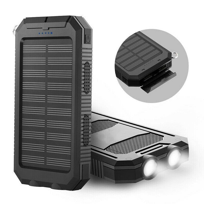 Portable waterproof solar power bank with dual USB output, ideal for outdoor charging.