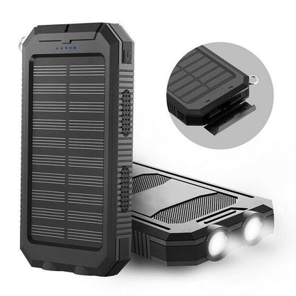 Portable waterproof solar power bank with dual USB output, ideal for outdoor charging.