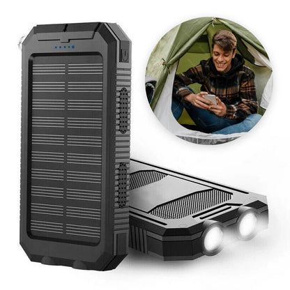 High capacity solar power bank, provides extended charge for multiple outdoor devices.
