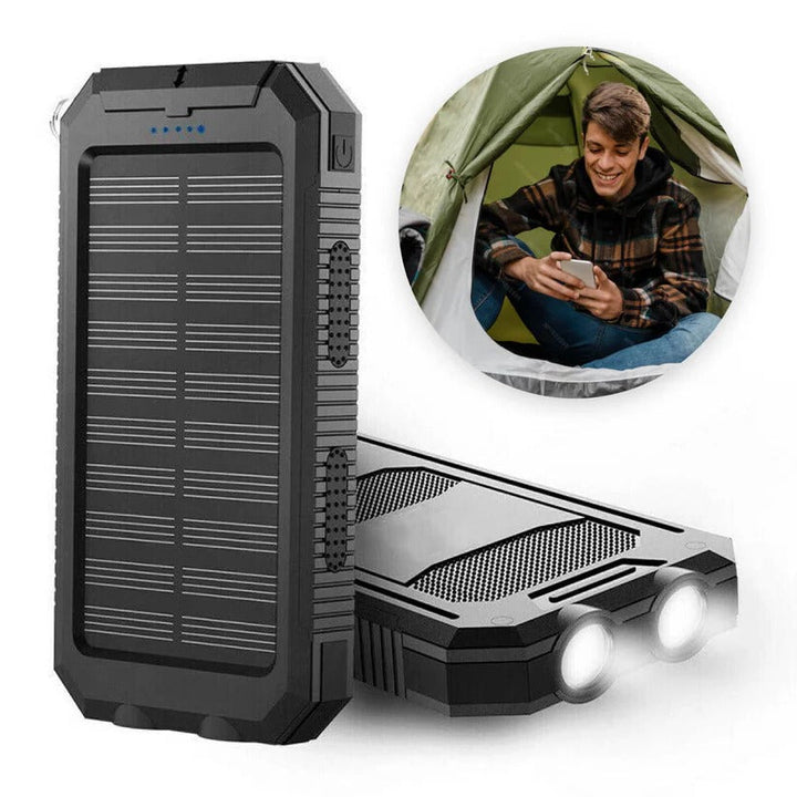 High capacity solar power bank, provides extended charge for multiple outdoor devices.