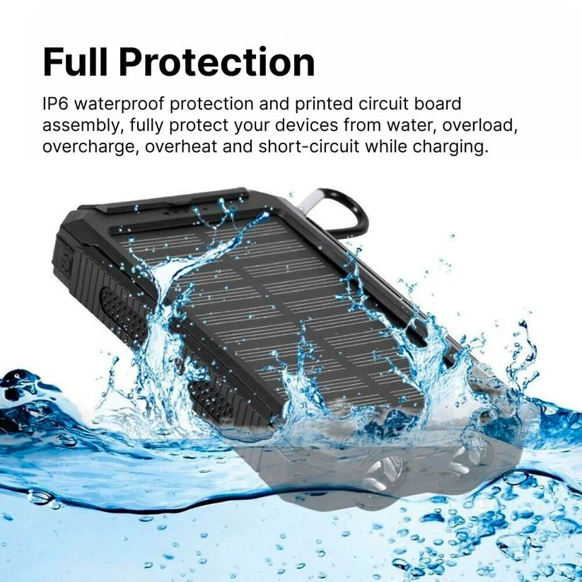 Waterproof solar power bank in rain, demonstrating rugged outdoor durability for adventures.