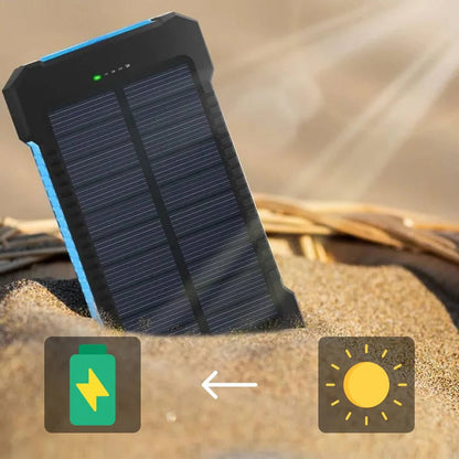 Front view of the portable waterproof solar charger power bank, ready for adventure.