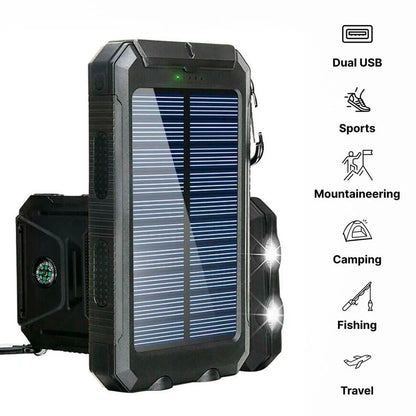 Dual USB ports on portable solar power bank, showing outputs for multiple devices.