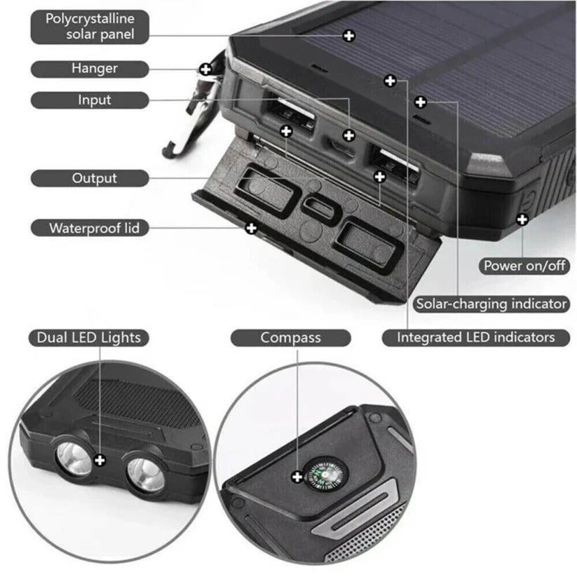 Solar power bank resting on a backpack during a hike, ready for outdoor use.