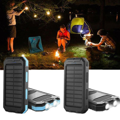 Hand holding the compact portable waterproof solar charger power bank for travel.