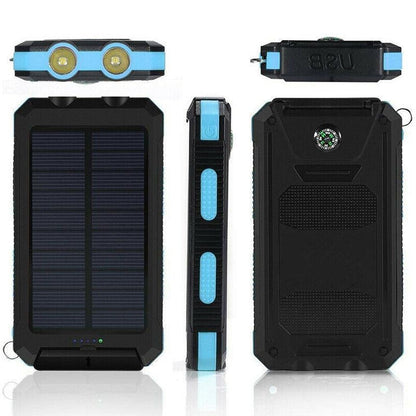 Portable solar power bank with included charging cable, a complete outdoor power solution.