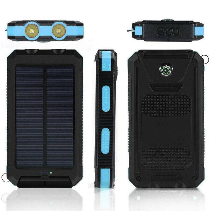 Portable solar power bank with included charging cable, a complete outdoor power solution.