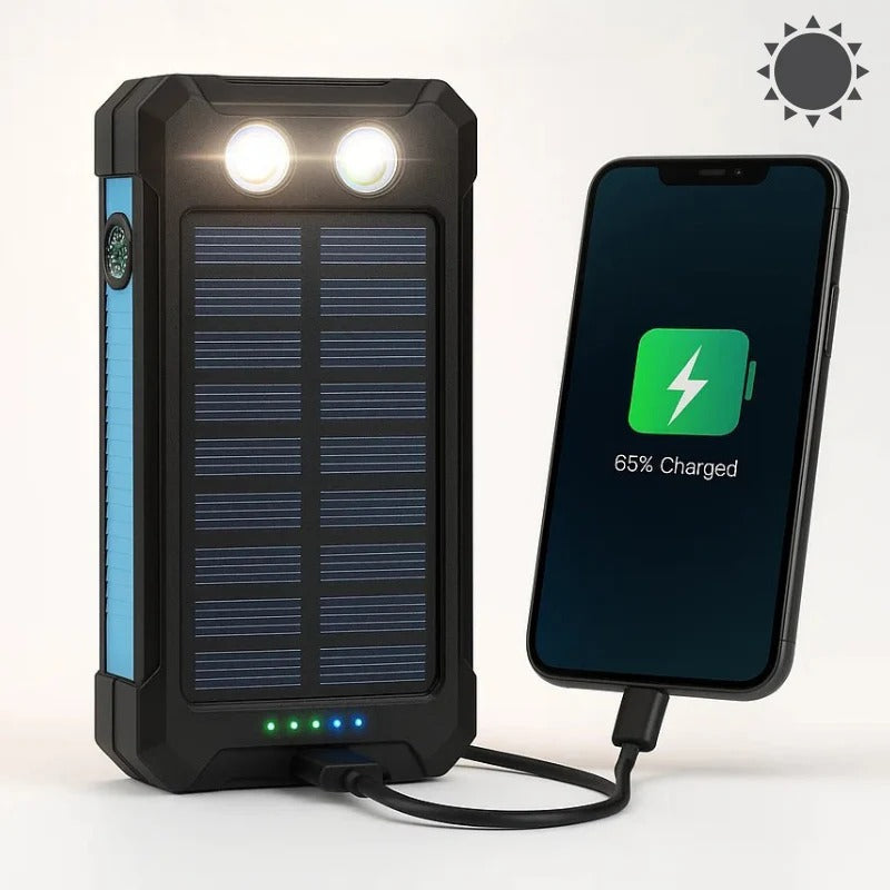 High-capacity solar charger power bank, efficiently recharges devices with sunlight.