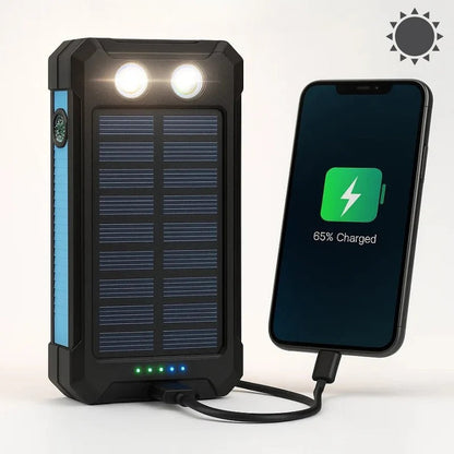 High-capacity solar charger power bank, efficiently recharges devices with sunlight.