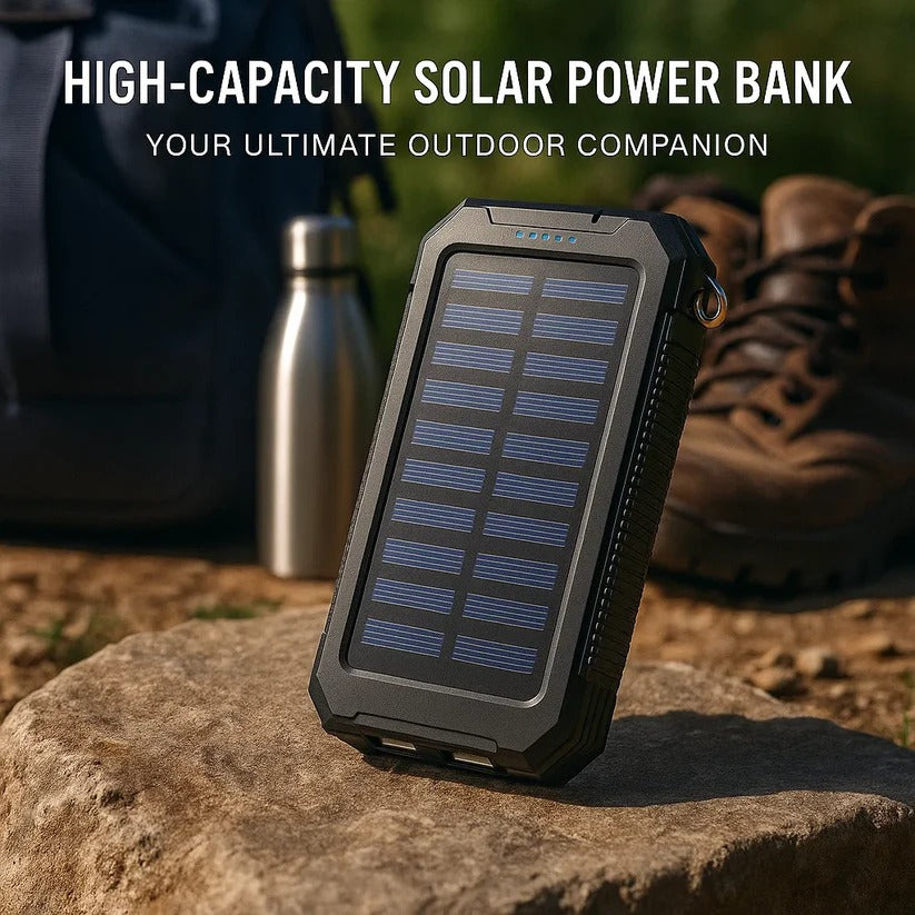 Compact portable external battery solar charger, easy to carry for travel & emergency power.