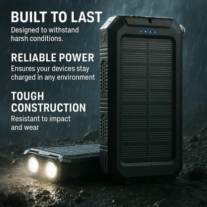 Dual USB output solar power bank, simultaneously charges two devices on the go.
