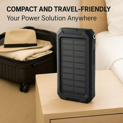 Durable outdoor solar power bank for camping, hiking, and emergency power needs.