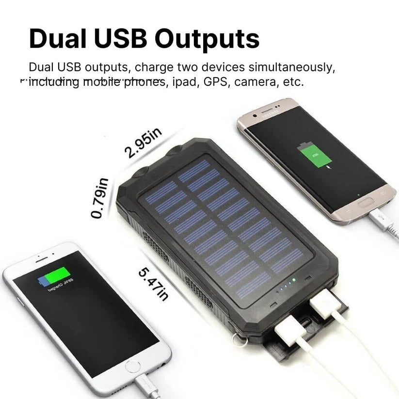 Versatile tech accessory: portable waterproof solar power bank with dual USB ports.