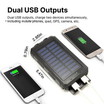 Versatile tech accessory: portable waterproof solar power bank with dual USB ports.