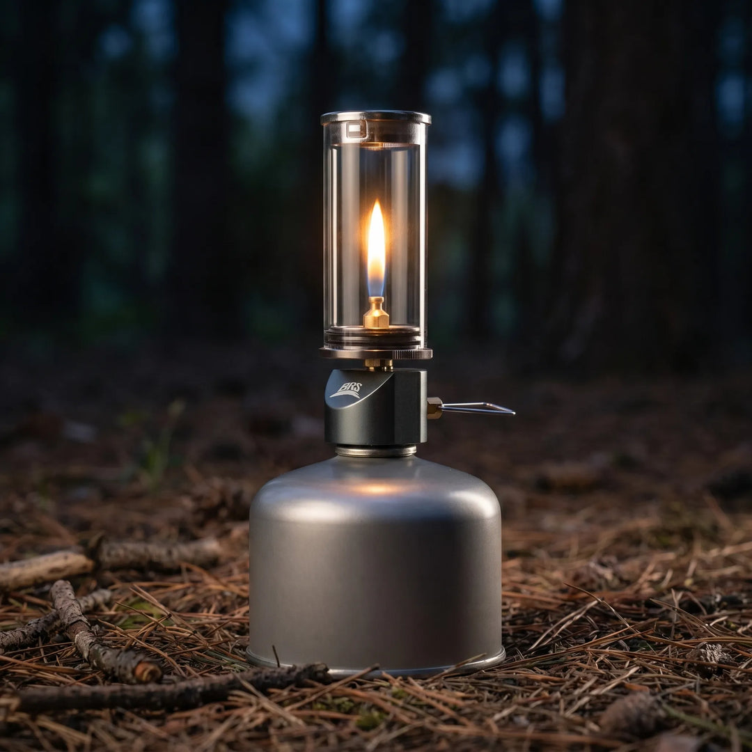 Durable gas candle lantern providing reliable windproof lighting for outdoor adventures & camping.