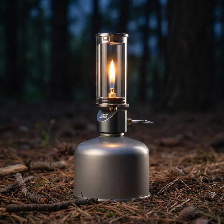 Durable gas candle lantern providing reliable windproof lighting for outdoor adventures & camping.