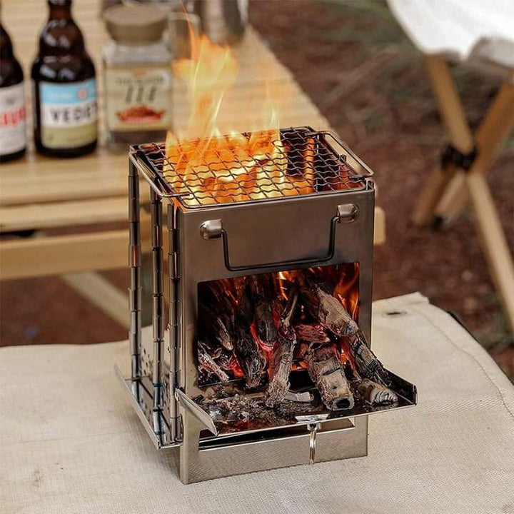 Portable wood burning camping stove for outdoor cooking, assembled & ready for use with pot