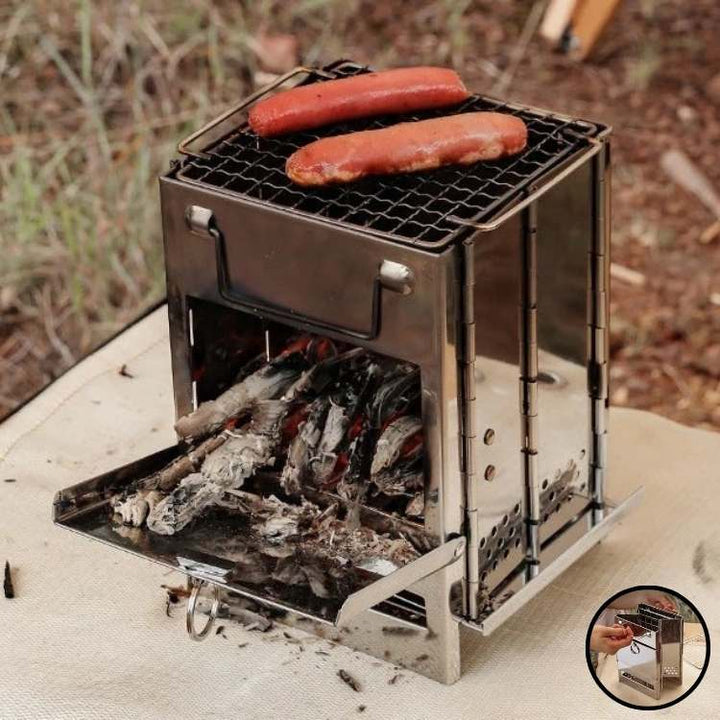 Outdoor cooking fire stove, showing wood fuel chamber and stable pot support