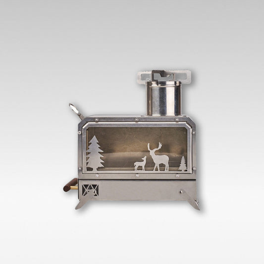 Portable wood burning camping stove with chimney for outdoor cooking and survival gear