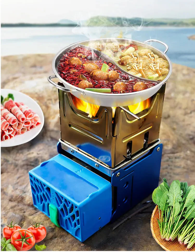 Portable wood-burning camping stove with USB power, side view, showing blue foldable stand