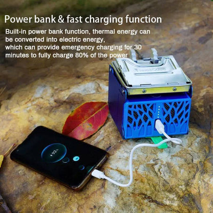 Foldable blue camping stove burning wood, perfect for survival and outdoor grilling