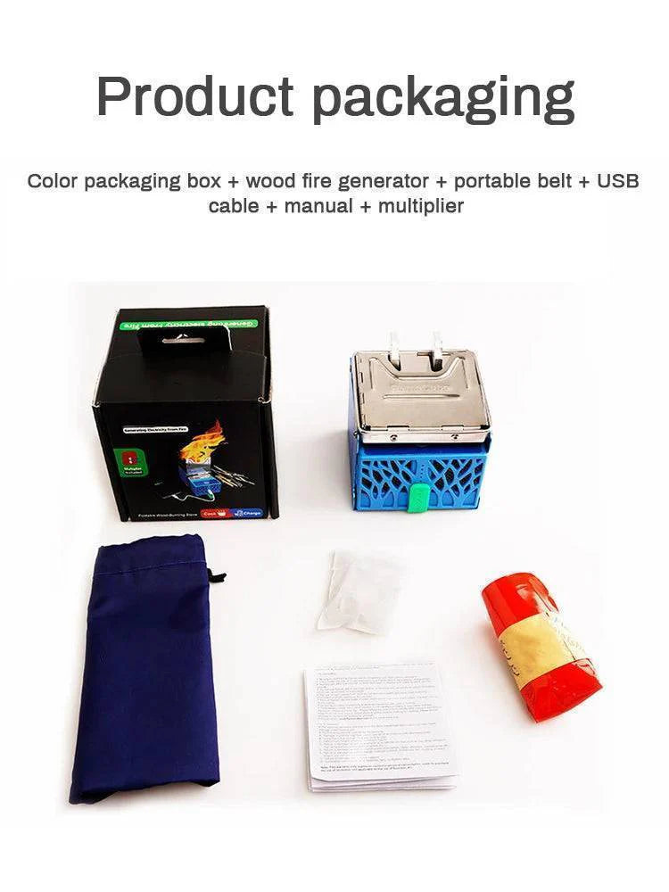 Portable wood-burning stove with USB charging, ideal for camping and off-grid cooking
