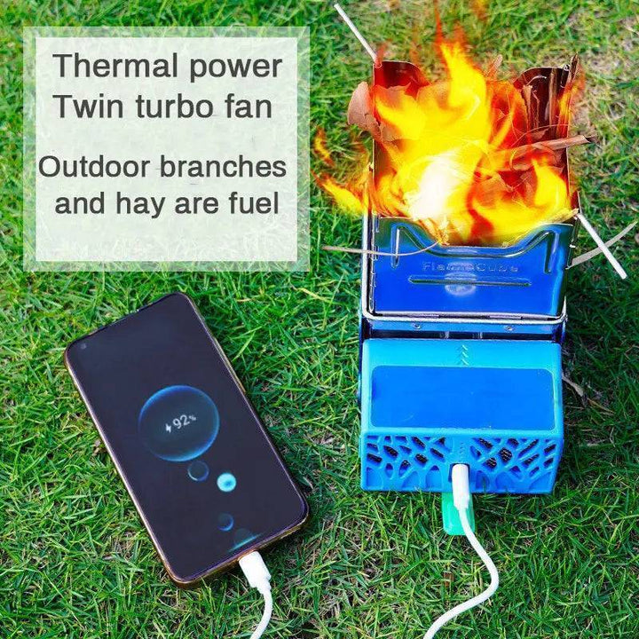 Wood-burning camping stove, foldable design shown from top, ready for grilling