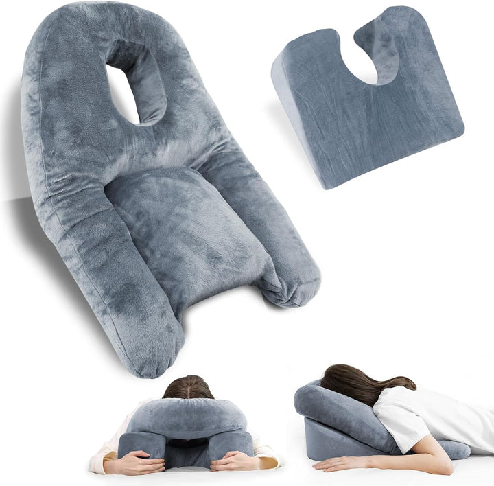 Post-surgery face down recovery pillow with central hole for comfort & support after BBL or eye surgery.