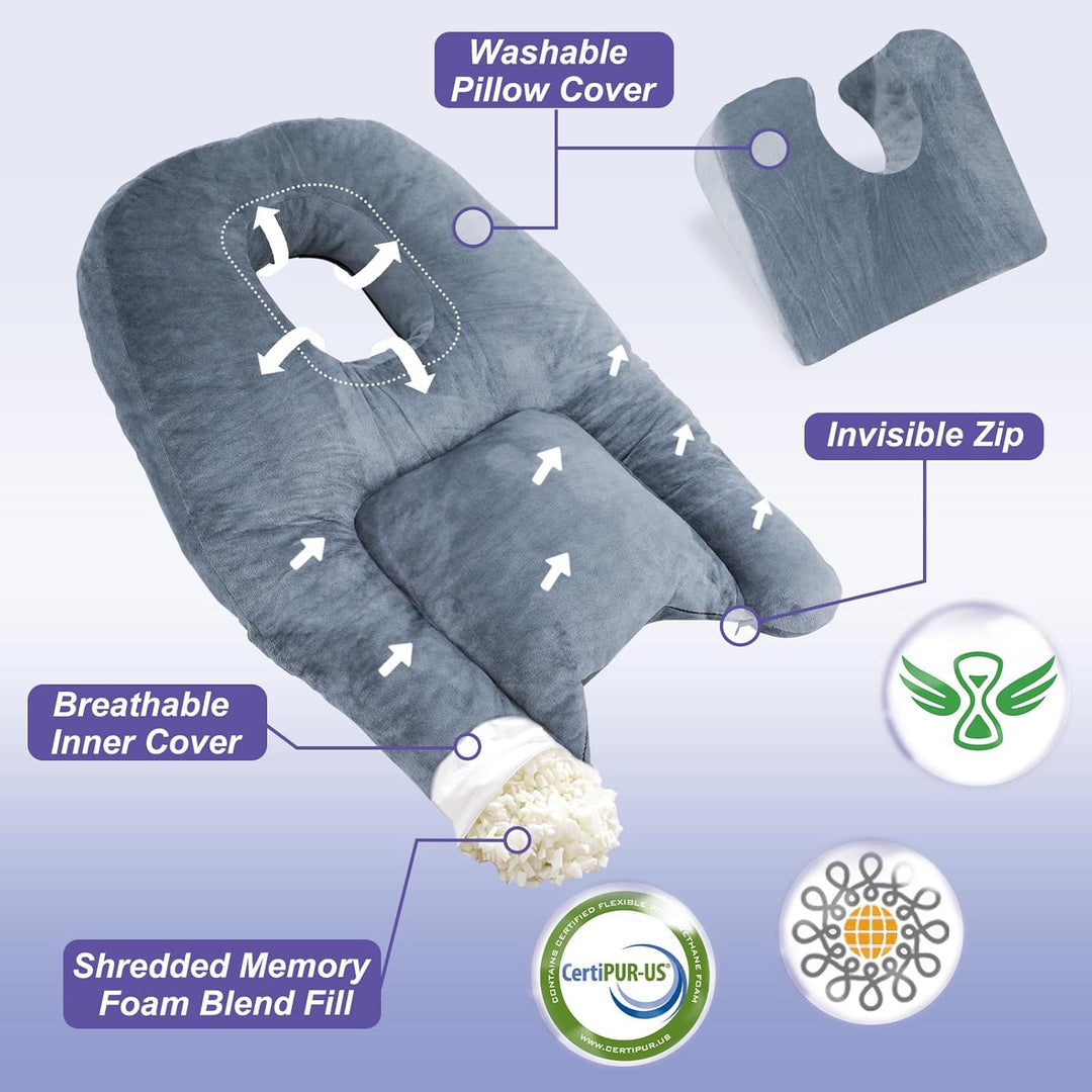 BBL recovery pillow: ergonomic face down support for stomach sleepers, aiding hip & buttock healing post-surgery.