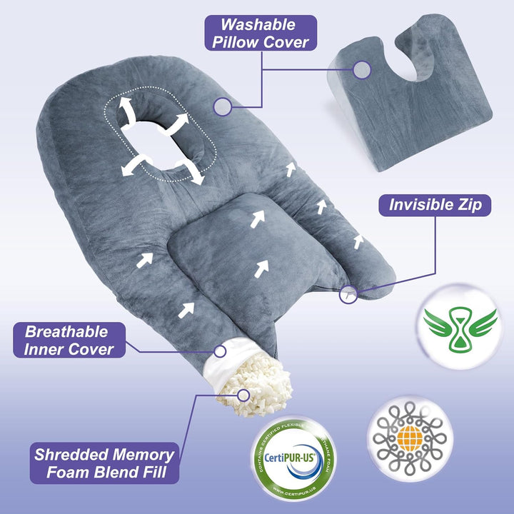 BBL recovery pillow: ergonomic face down support for stomach sleepers, aiding hip & buttock healing post-surgery.