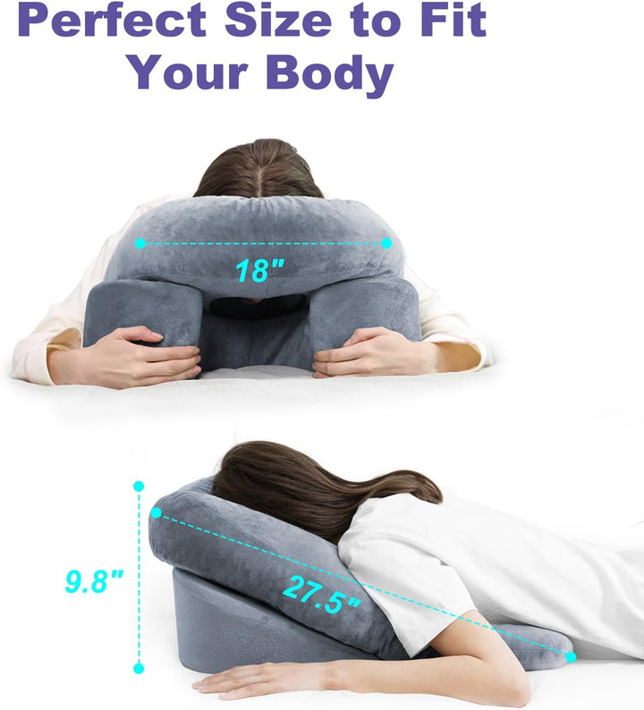 Stomach sleeping recovery pillow; ideal face down support cushion for post-BBL or eye surgery comfort & healing.