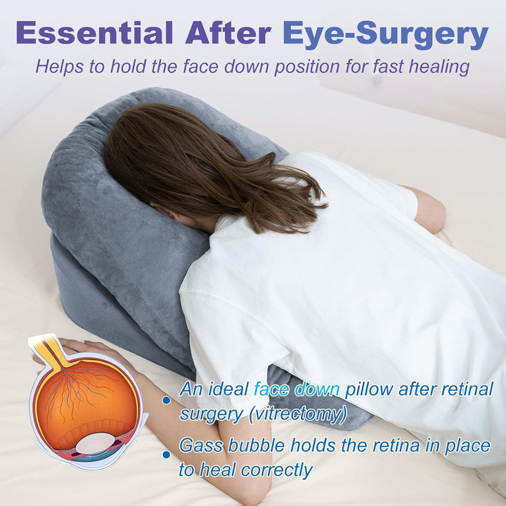 Versatile face down recovery pillow for BBL & eye surgery; memory foam cushion ensures comfortable stomach sleeping.