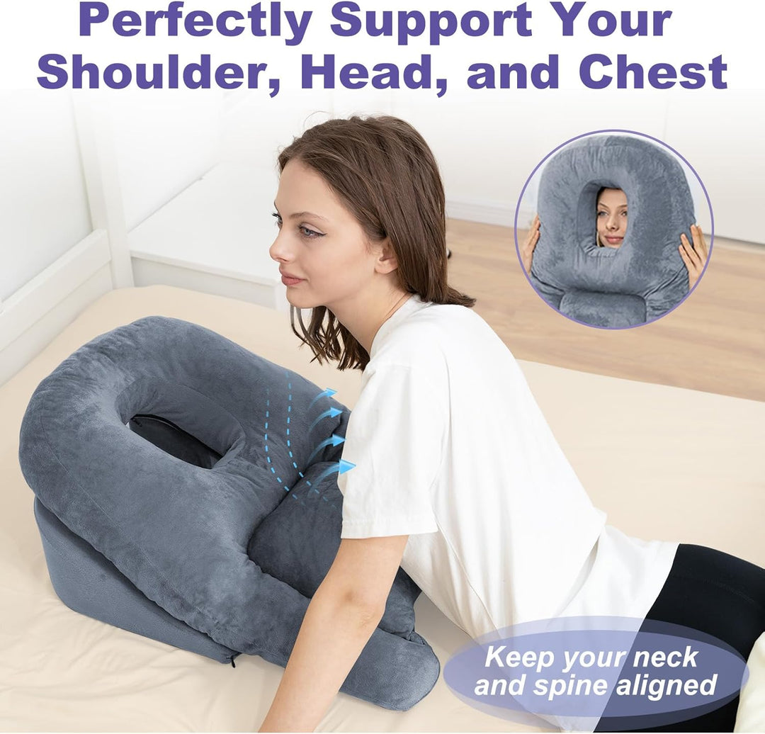 Medical support face down pillow for post-op comfort & recovery; aids healing for eye surgery and BBL procedures.