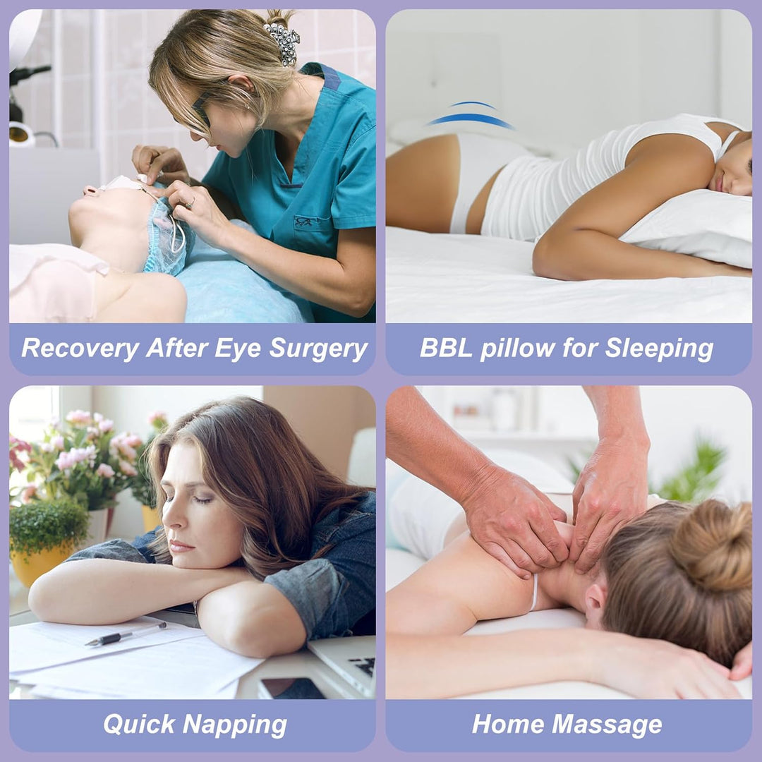 Prone position support pillow; custom-designed face down cushion for optimal recovery after eye or BBL surgery.